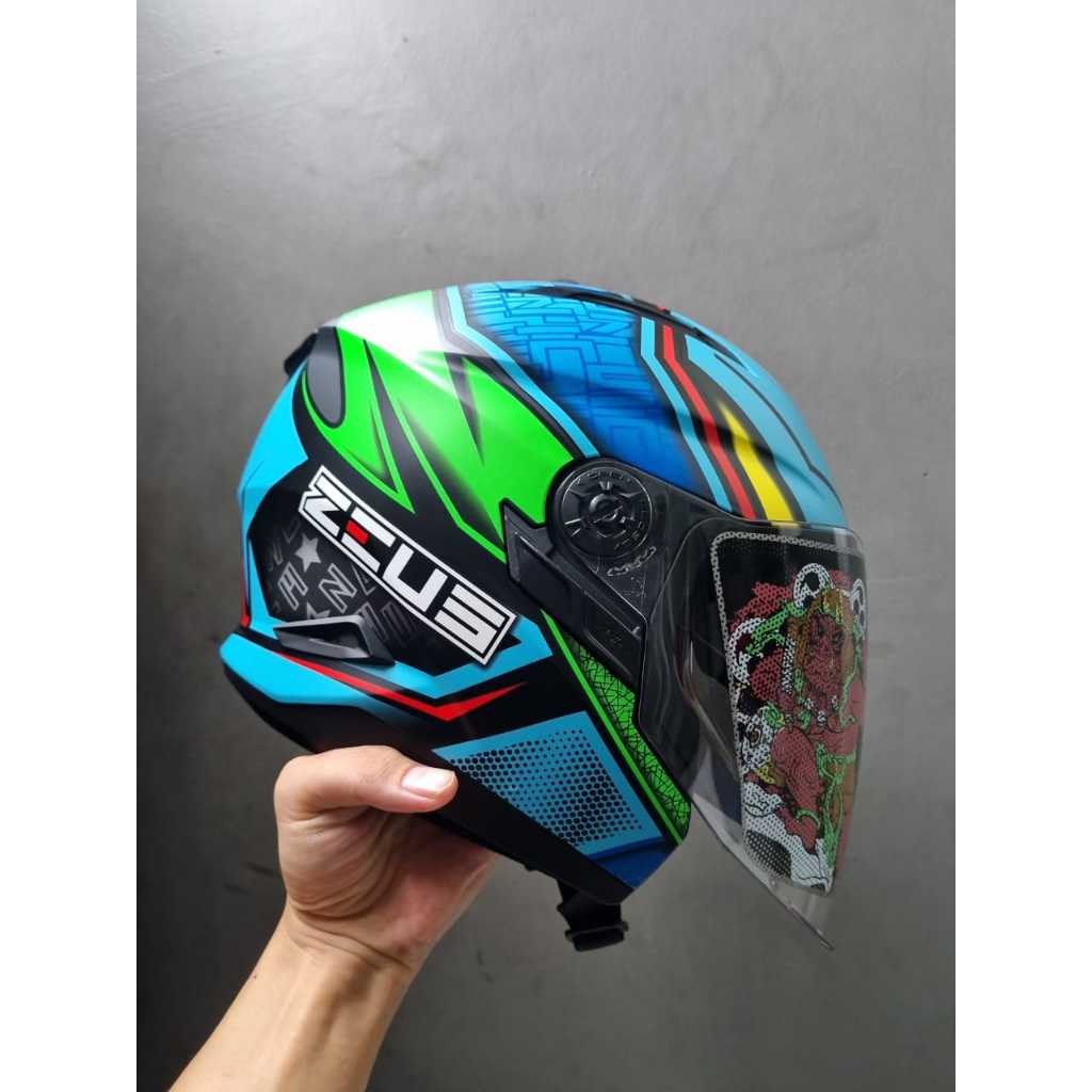 ZEUS 613B MATT BLACK AJ11 BLUE HALF FACE DOUBLE VISOR