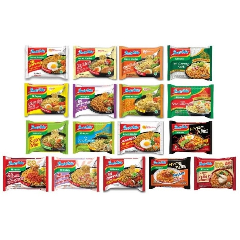 

Indomie Mie Instan / Indomie Goreng / Indomie Soto / Indomie Ayam Bawang / Indomie Kari Ayam