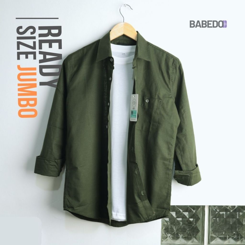 BABEDO Kemeja Polos Pria Lengan Panjang Hijau Army Casual Slimfit Size Jumbo Ready | Hem Polos Hijau