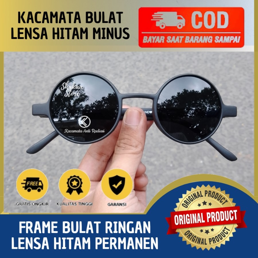 Kacamata Bulat Pria Hitam Minus Permanen Sunglasses Photocromic Klasik - Hitam Doff, Hitam Normal