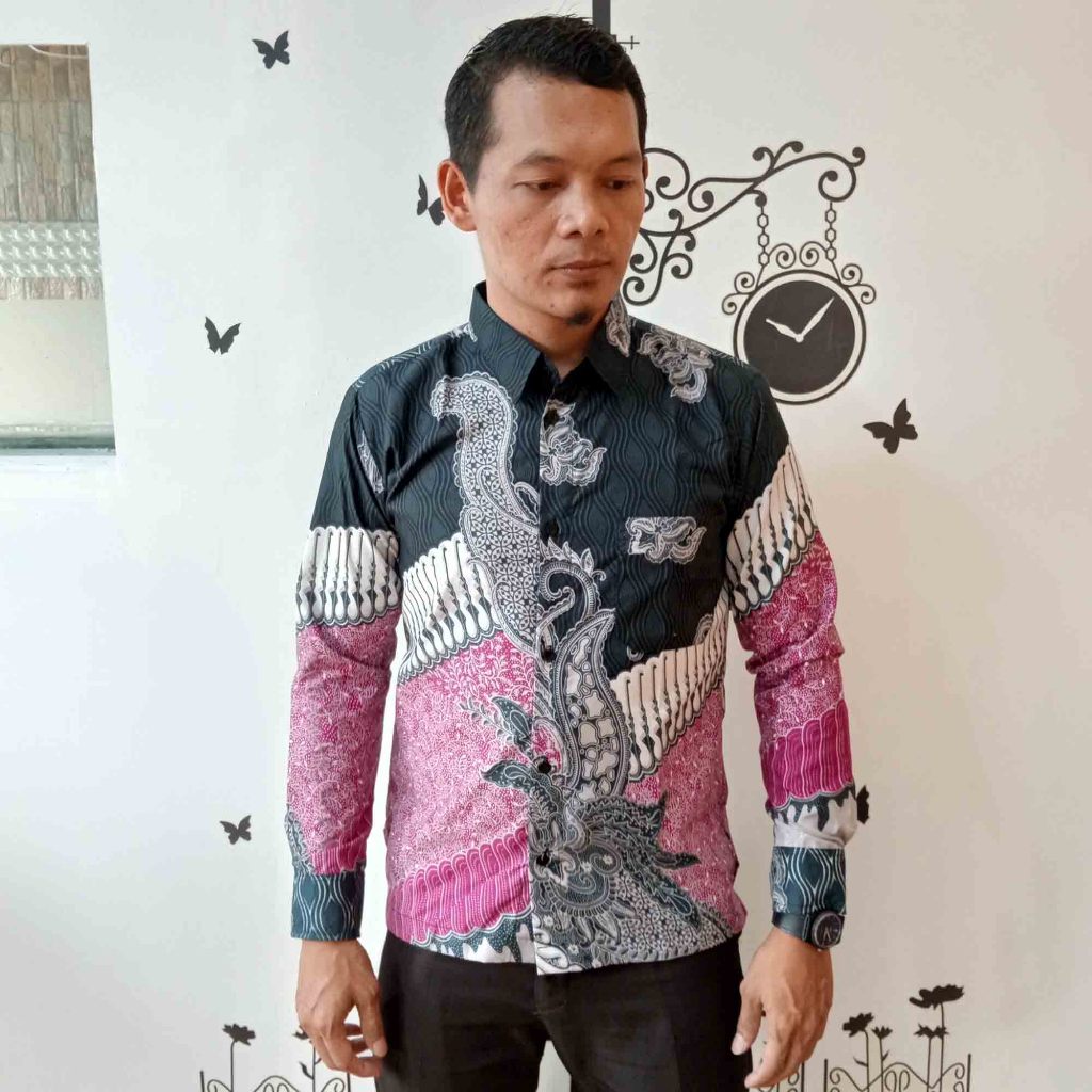 KEMEJA BATIK SLIM FIT PRIA DEWASA LENGAN PANJANG COMBI HITAM&amp;PINK S-XL