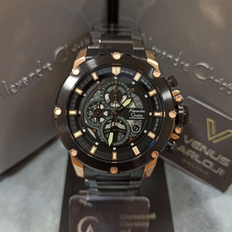 Jam Alexandre Christie AC 6564 MC BBR Pria Rantai Hitam Rosegold Bulat