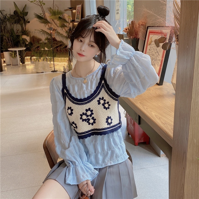 kemeja wanita korean style Blouse wanita fashion set blus + rompi rajut atasan korea kemeja wanita o