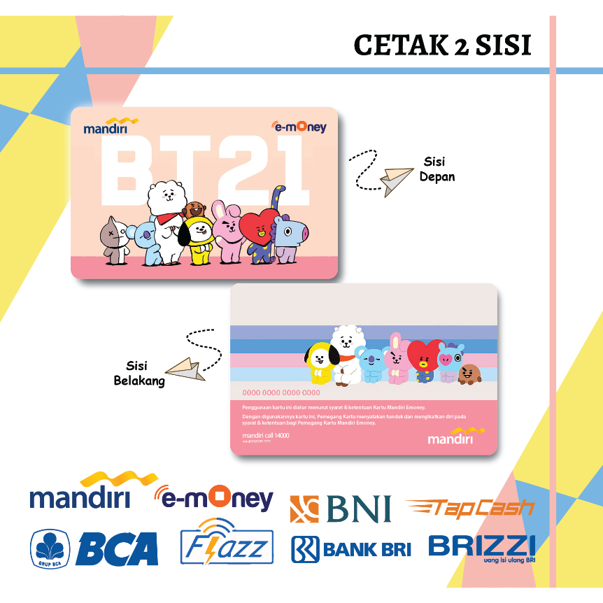 KARTU EMONEY ANIME BT21 PINK KOYA RJ MANG CHOOKY MANDIRI FLAZZ BCA GEN 2 TAPCASH BRIZZI - 2 SISI