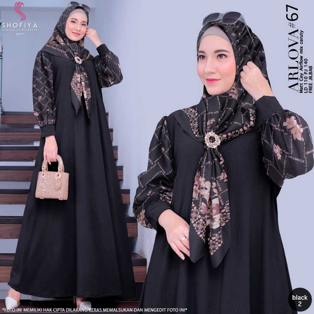 Arlova Dress motif bunga | Dress kondangan kekinian (Free hijab)