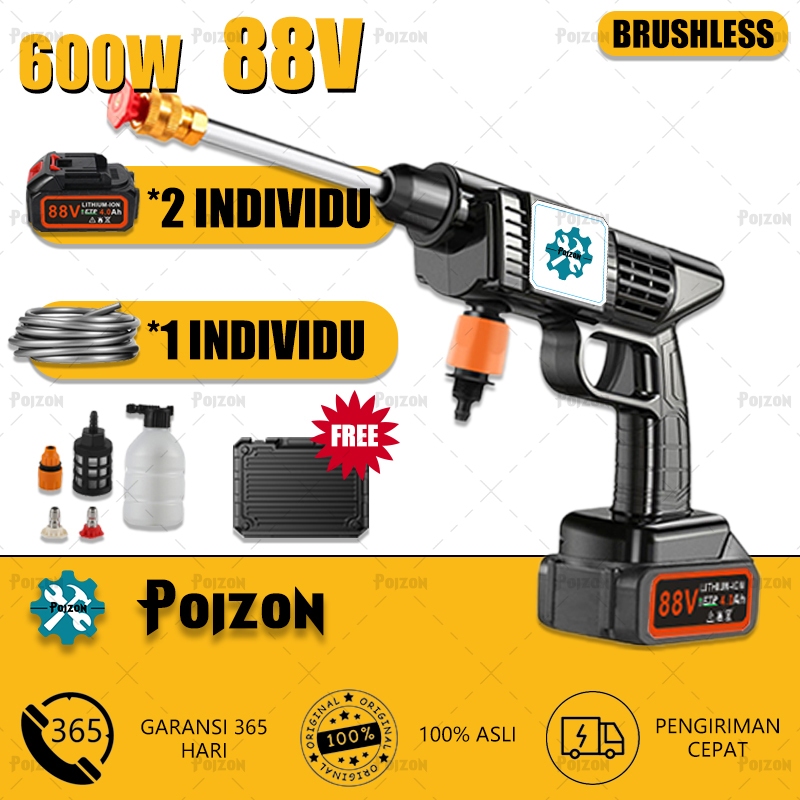 Poizon 88v Mobil Cuci Motor Tekanan Tinggi Tanpa Kabel Alat Portable Nirkabel Alat Cuci Mobil Dan Mo