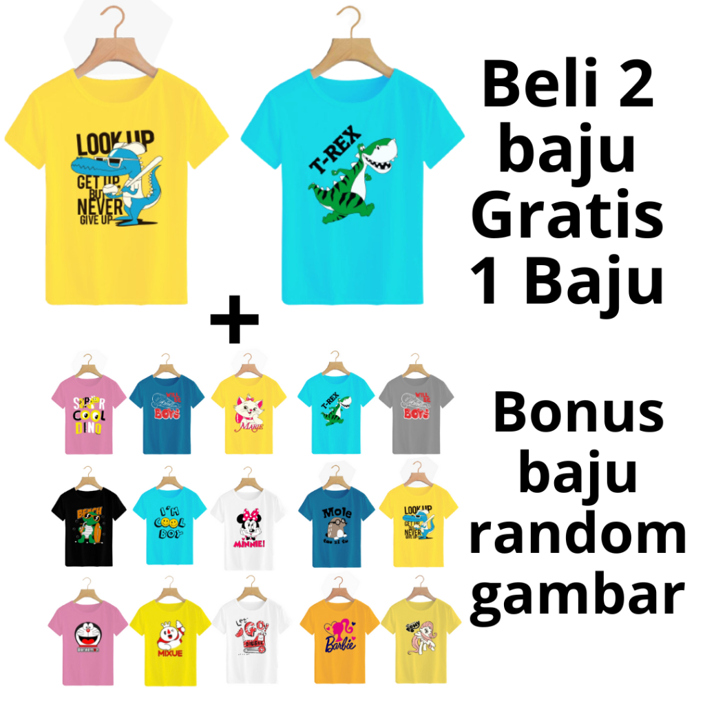 Baju anak beli 2 gratis 1 / baju anak laki laki / baju anak perempuan / baju kaos anak gambar lucu / baju anak bahan adem dan lembut