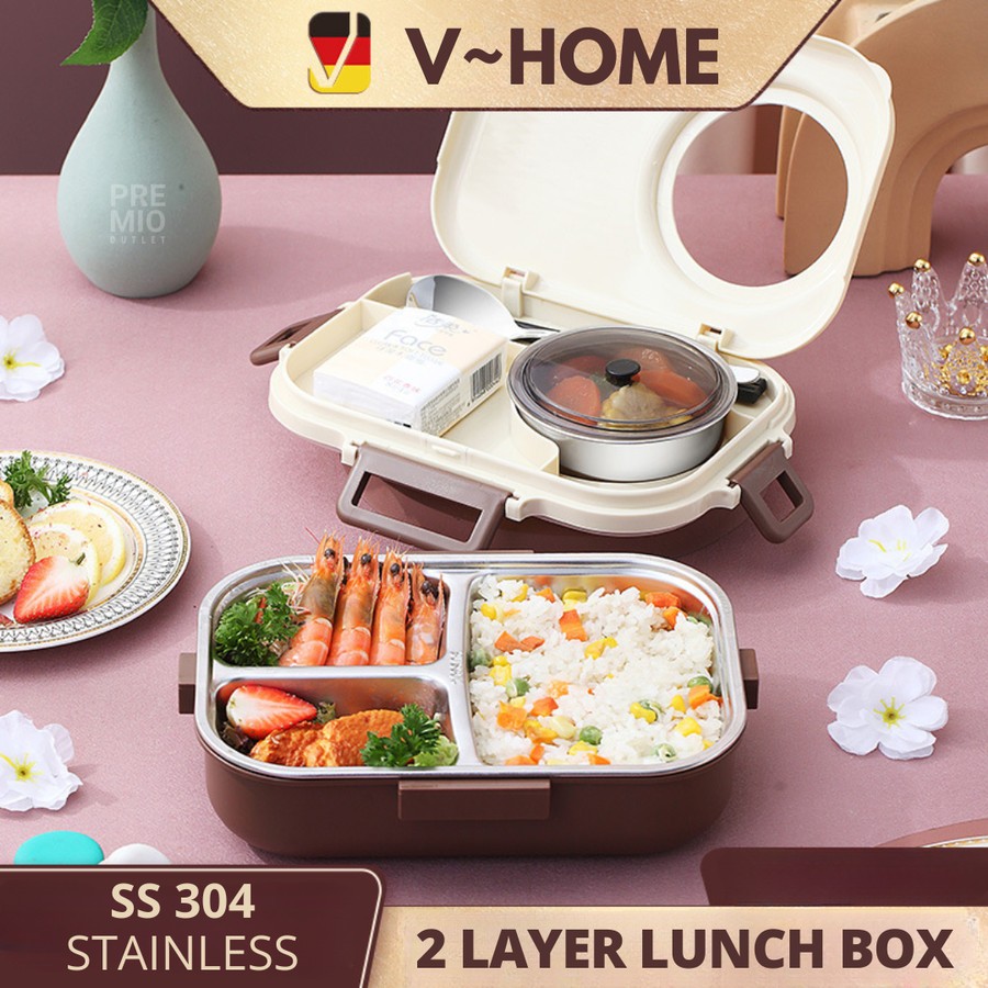 2 LAYER LUNCH BOX SS304 STAINLESS Tempat Kotak Bekal Makan Bento Lunch Box Stainless Anti Tumpah