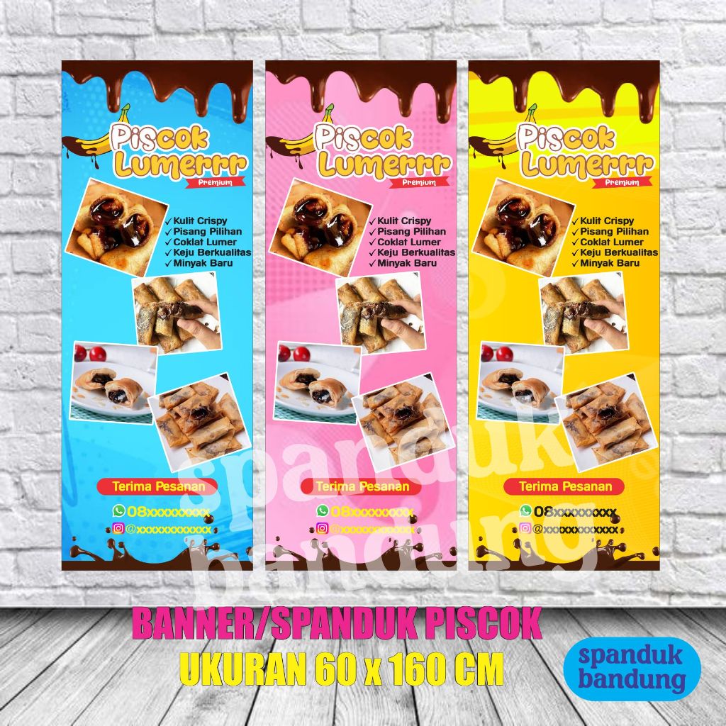 cetak spanduk piscok lumer / print spanduk pisang coklat lumer / ukuran 150 x 60 cm / ukuran banner 