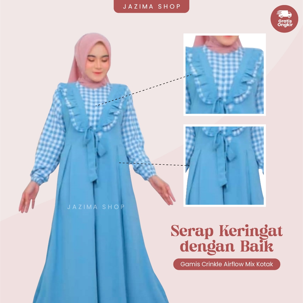 Gamis Crinkle Airflow Mix Kotak Dress Flanel Korean Style Pakaian Muslim Wanita By Jazima Shop