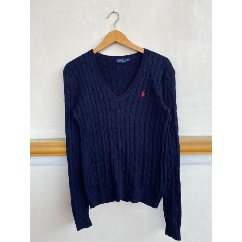 Polo Ralph Lauren Cable Sweater Kepang V neck Navy Preloved