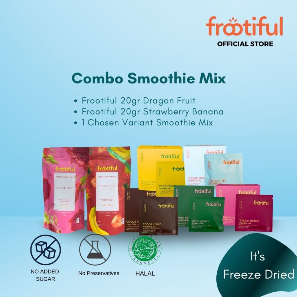 

Combo Freeze Dried Adult Drgaon Fruit Banana 20gr, Strawberry Banana 20gr dan Smoothie Mix