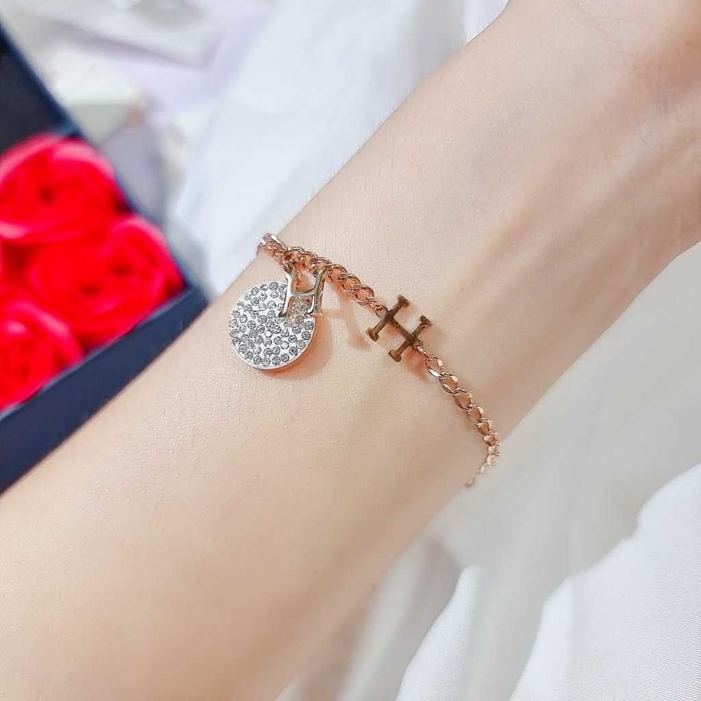 gelang tangan mata H elegan wanita fashion korea terbaru titanium rose gold anti karatan