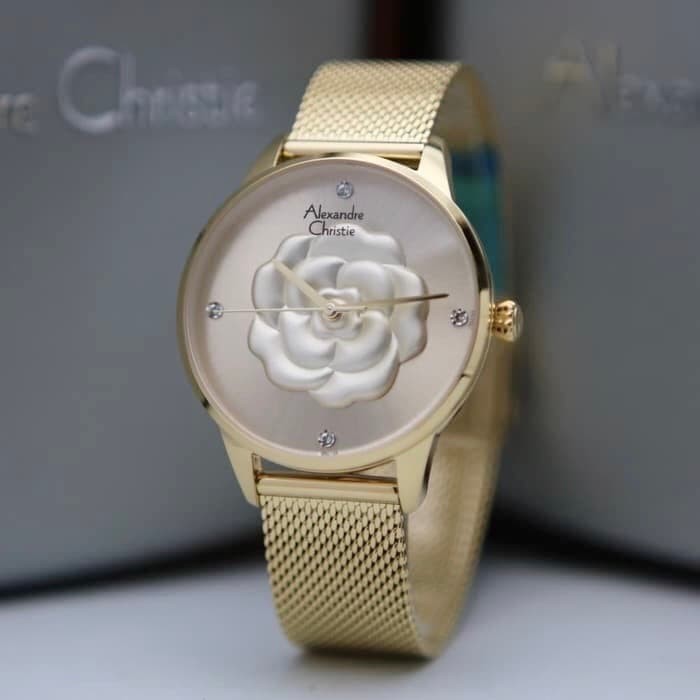 Jam Tangan Wanita Alexander Christie AC 2723 LH Rose Motif Gold Original
