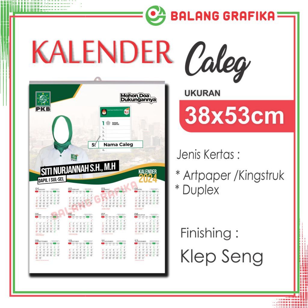 

Kalender Caleg Calender Custom Kelender Partai 38x53cm Balang Grafika