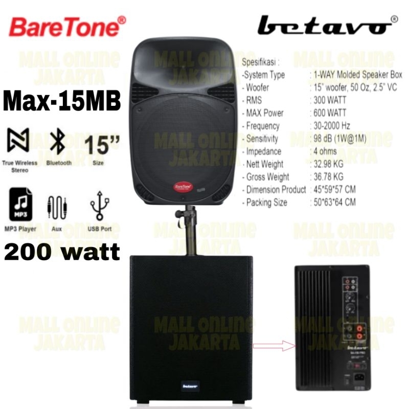 Paket Speaker aktif Baretone 15 inch 15mb + Subwoofer Aktif betavo 15 inch sa 150 pro