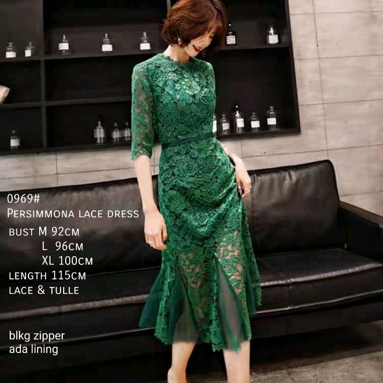 0969 Baju Mididress CNY LACE BROKAT MIDI DRESS GREEN dres Korea Korean style wanita premium / baju M