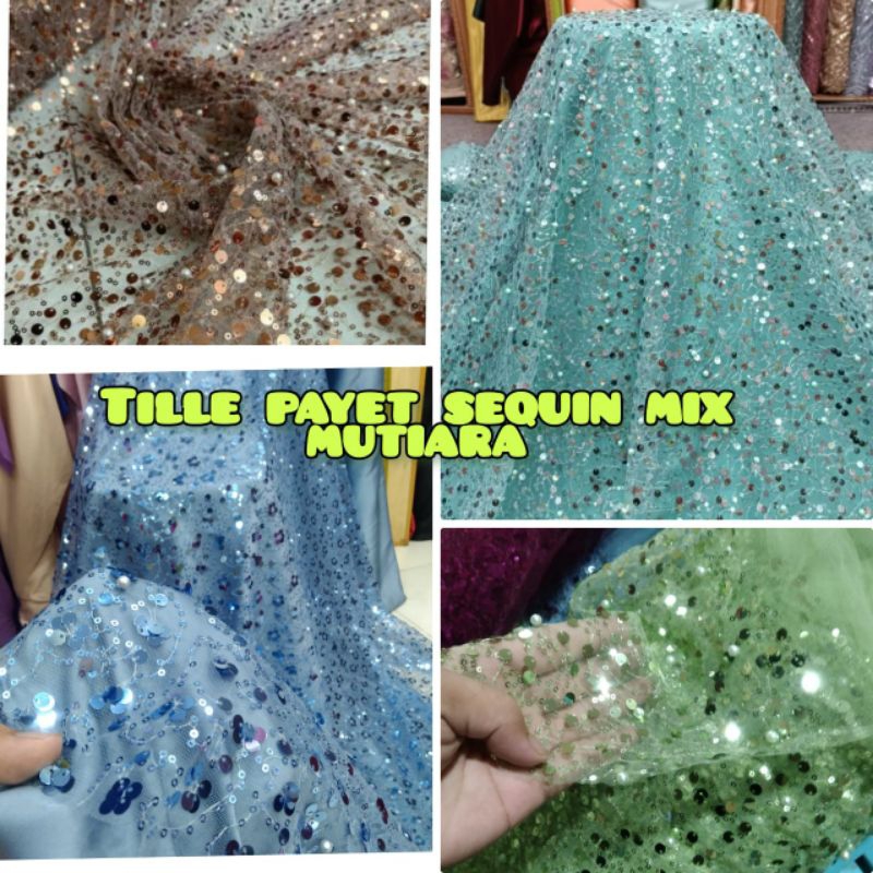 Bahan kain tille payet sequin/tille payet spenggel/bahan payet mutiara skuin/Tulle full payet squin 