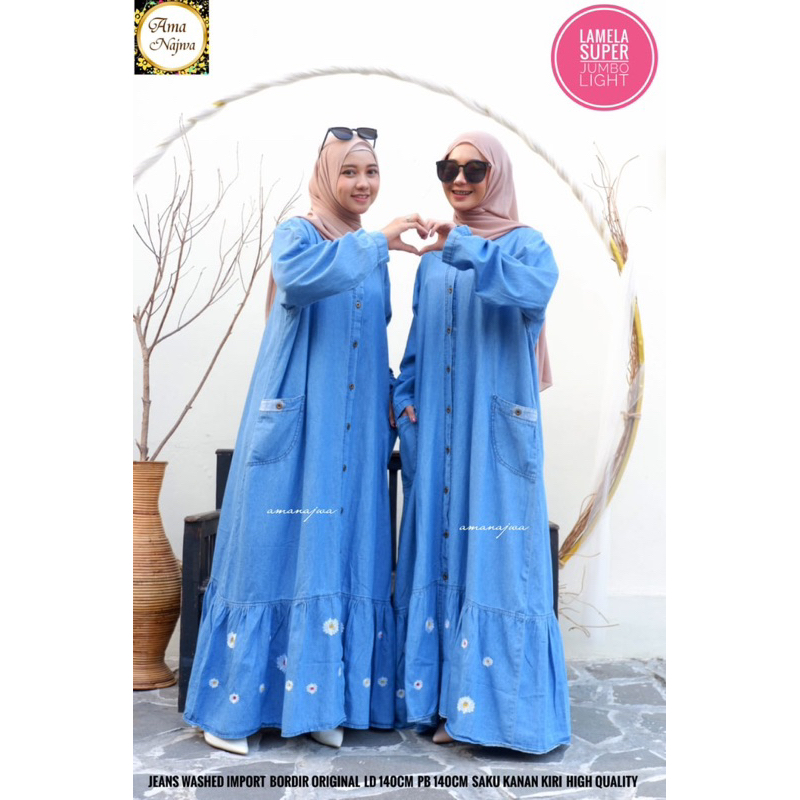 GAMIS JUMBO JEANS TEBAL BORDIR BUNGA TIMBUL FULL KANCING AKTIF LD 140