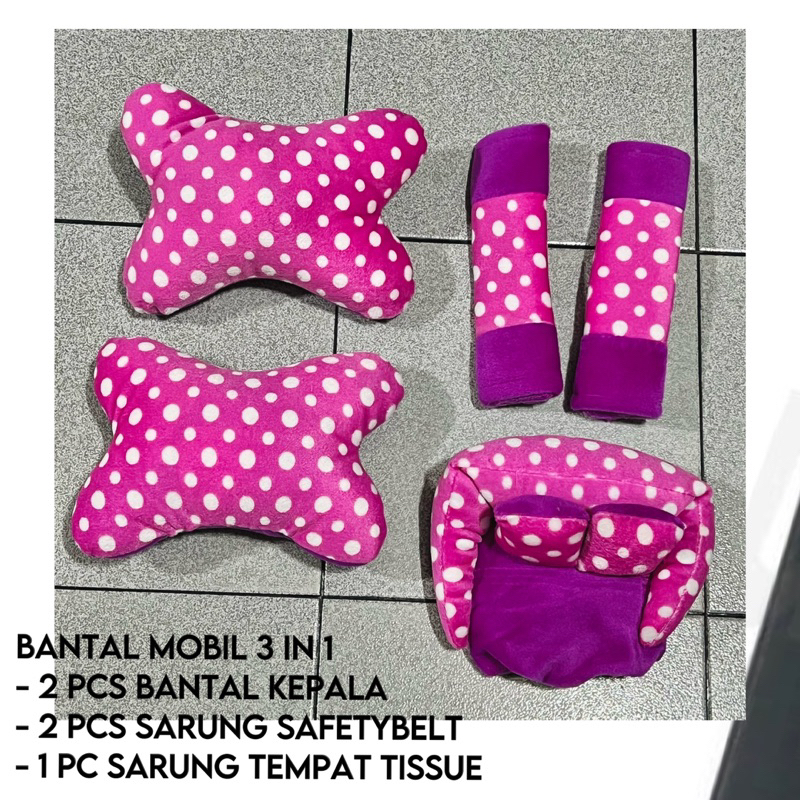 BANTAL MOBIL 3 IN 1 POLKADOT UNGU PINK MANIS CEWEK / SARUNG JOK KEPALA MOBIL MEDAN