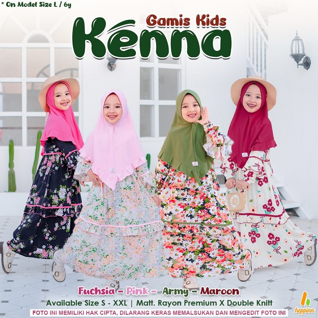 Heppinn-Gamis Kids Kenna Fuschia-Pink-Army-Maroon Rayon Premium Double Knit Dress Anak Muslim Motif 