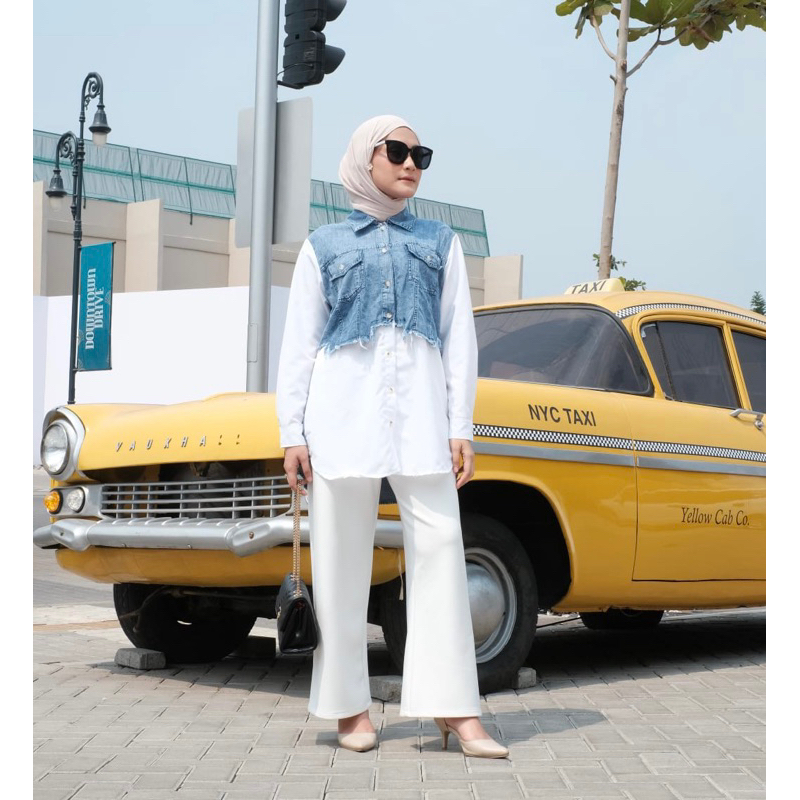 ATASAN CEWEK KEMEJA KOMBINASI / KEMEJA JEANS /BAJU KEKINIAN /BAJU HIJAB