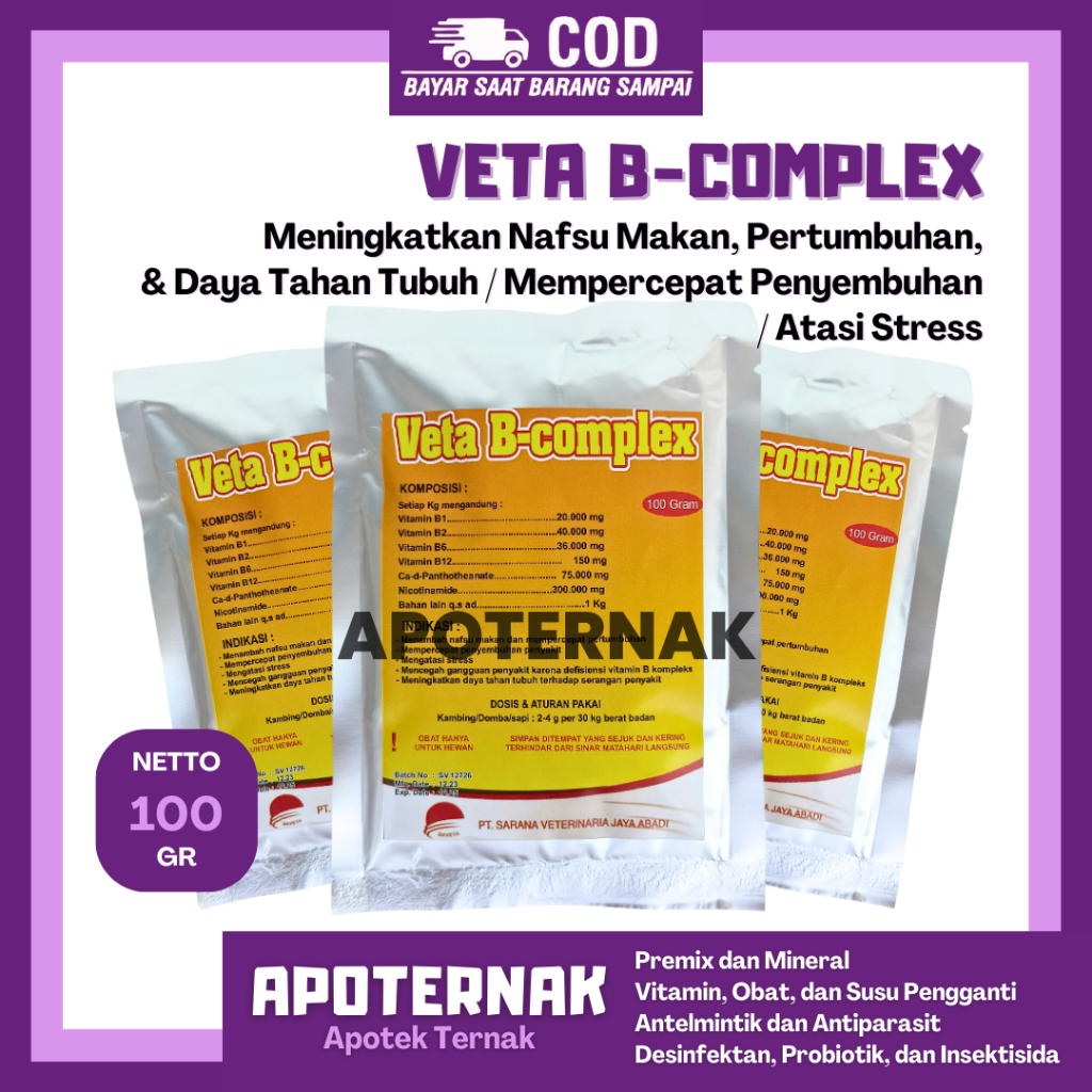 VETA B COMPLEX 100 gr | Multivitamin B Komplek Ternak Ruminansia | Penambah Nafsu Makan Ternak Sapi 