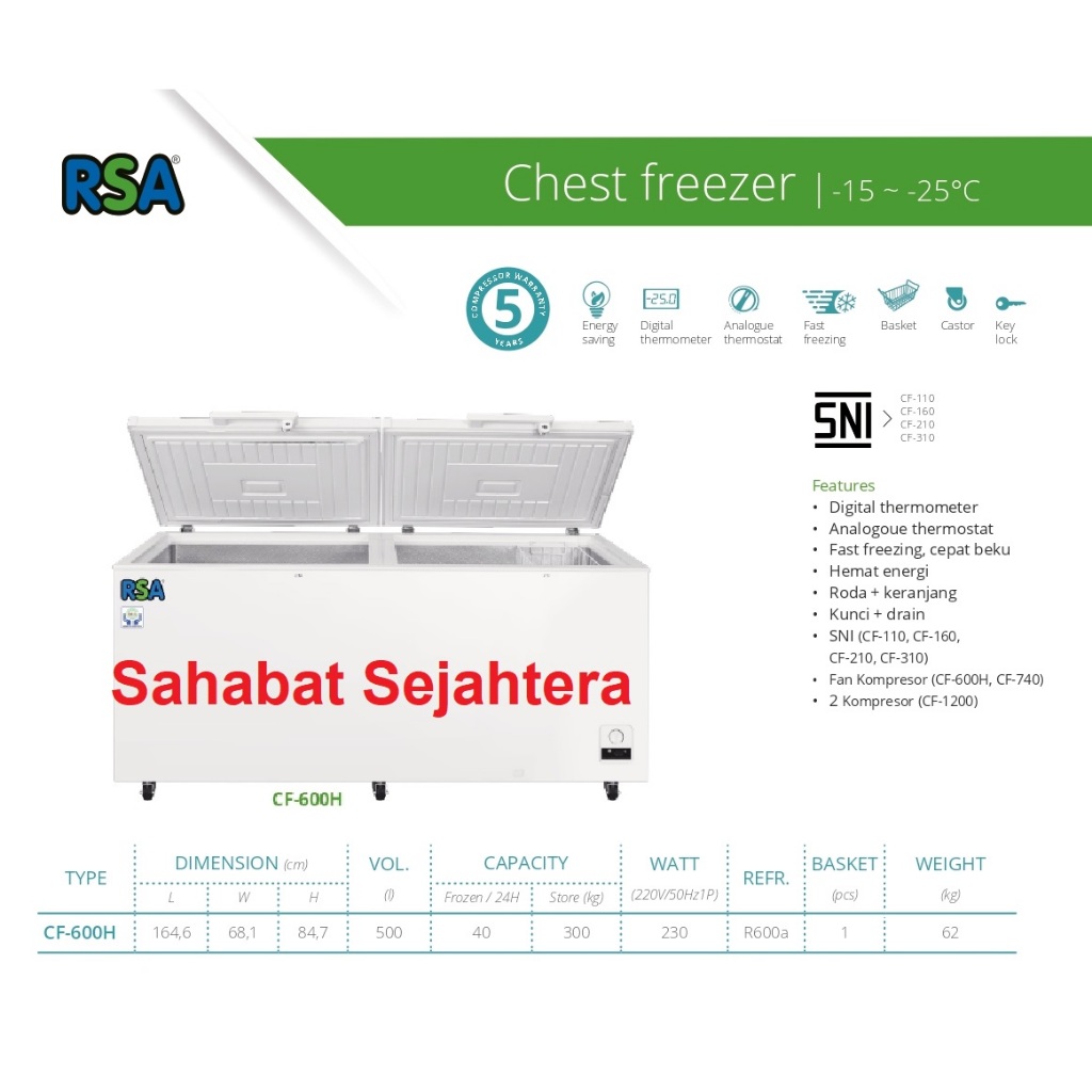 RSA Chest Freezer CF-600H Freezer 2 Pintu Kapasitas 500 Liter