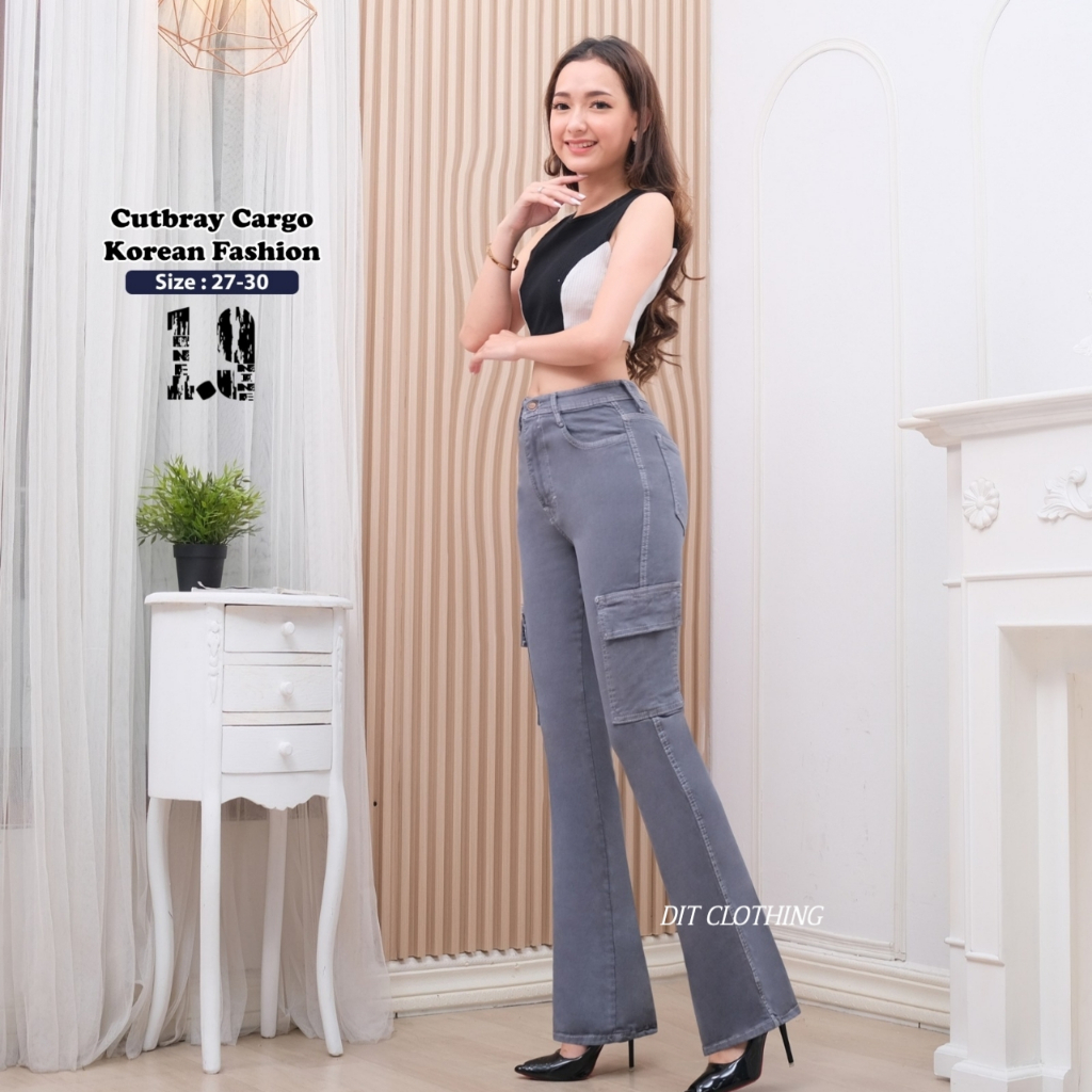 DITJINS - HW Cutbray Cargo Pants Wanita Jeans Streetch Premium