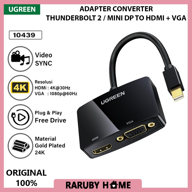 UGREEN Converter Mini DP to HDMi / Adapter VGA Laptop Thunderbolt 4K 30Hz Untuk Layar Monitor PC Kom