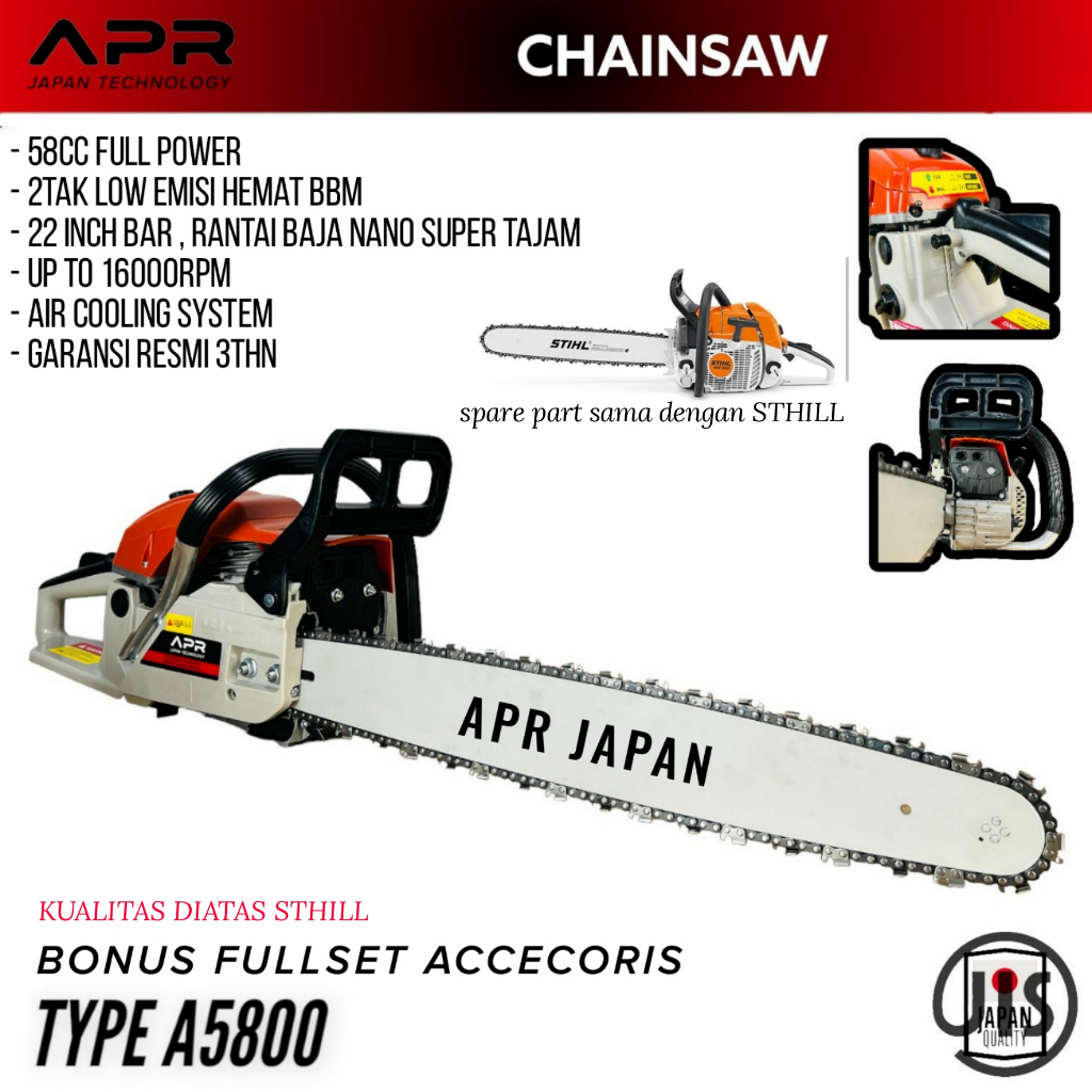 GARANSI RESMI Mesin senso Gergaji Kayu, Chainsaw 2tak APR Japan, Senso Potong Kayu 22inch