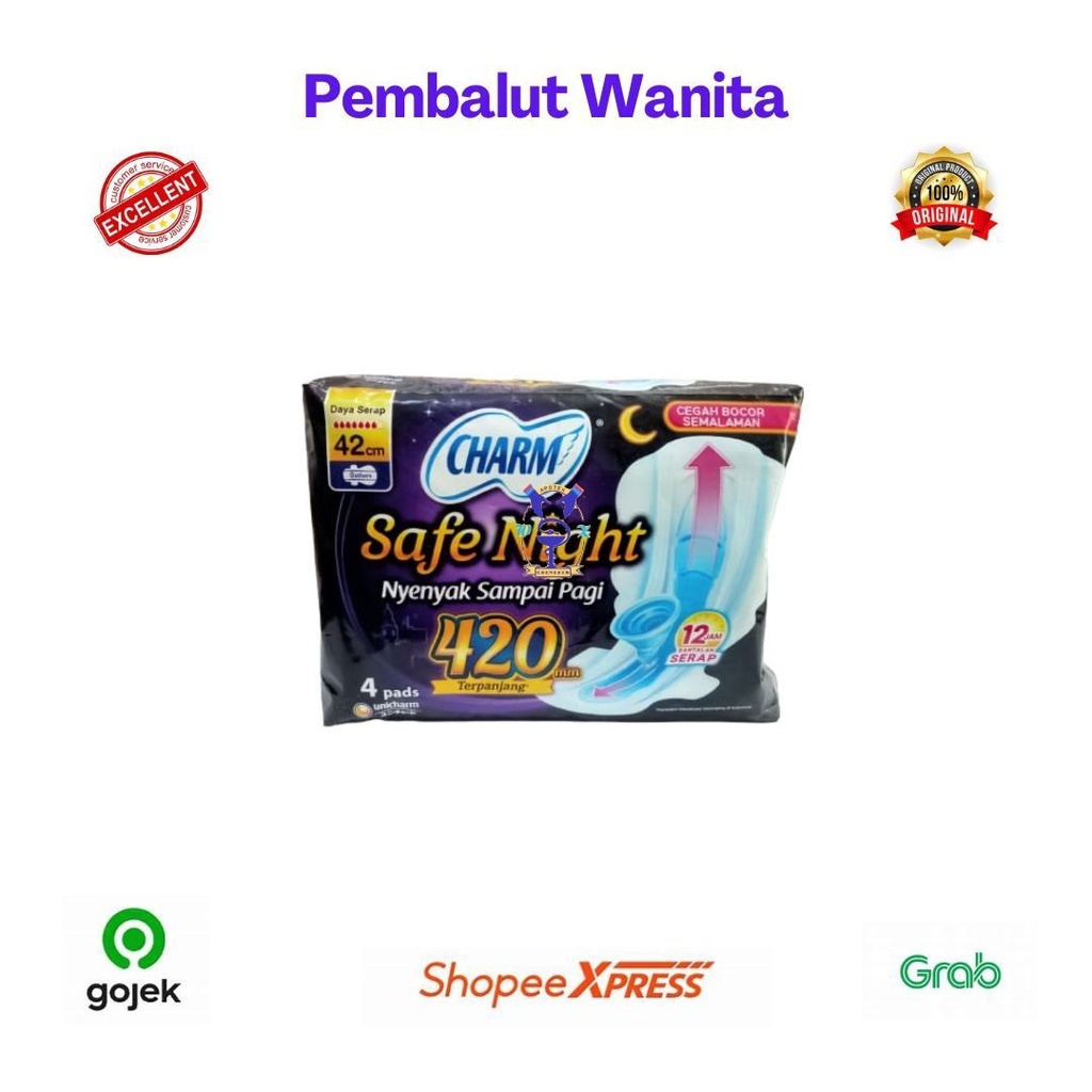 CHARM Pembalut Safe Night 42cm terpanjang, Pelindung Samping 4 pads 100% ORIGINAL