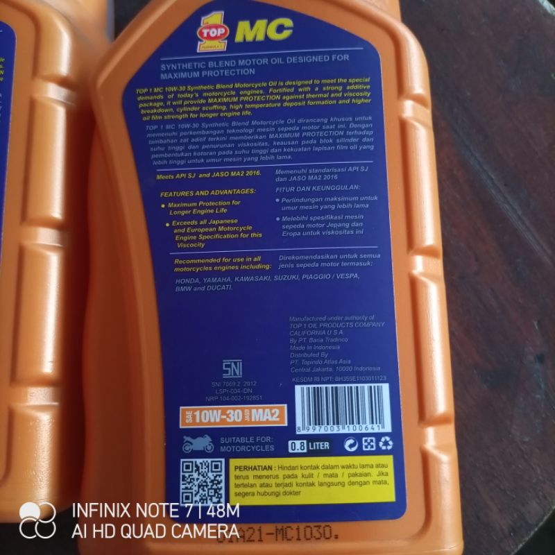 oli mesin 10w 30 0,8l top 1 mc