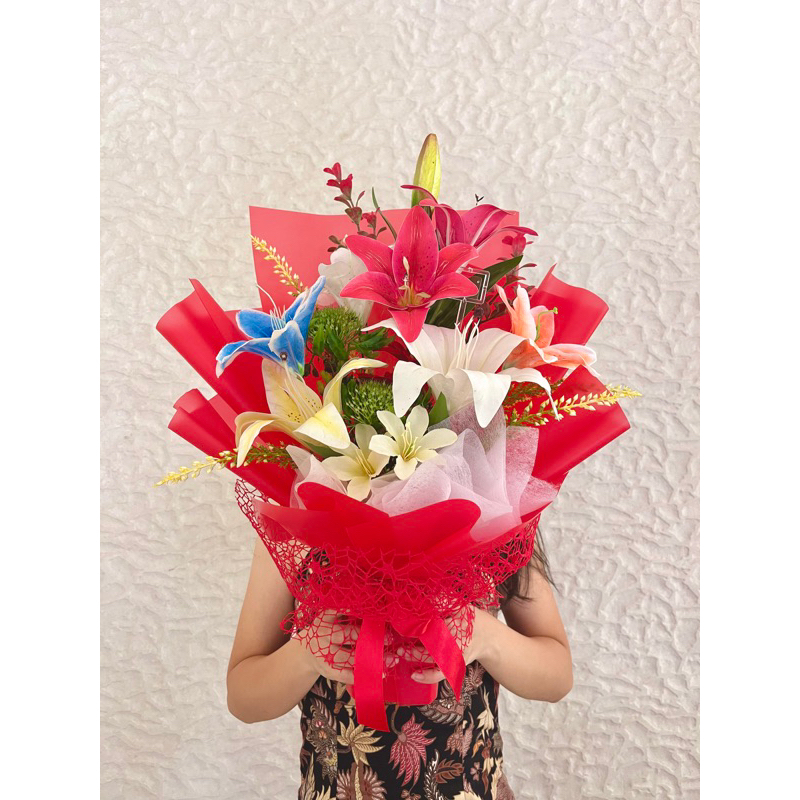 buket bunga lily bouquet lili artificial flower anniversary ultah ulang tahun birthday engagements t