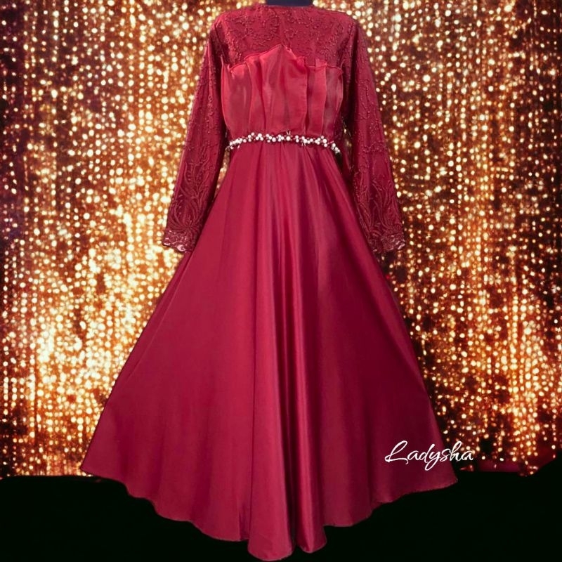 DRESS SILK GAMIS SATIN MERAH MAROON