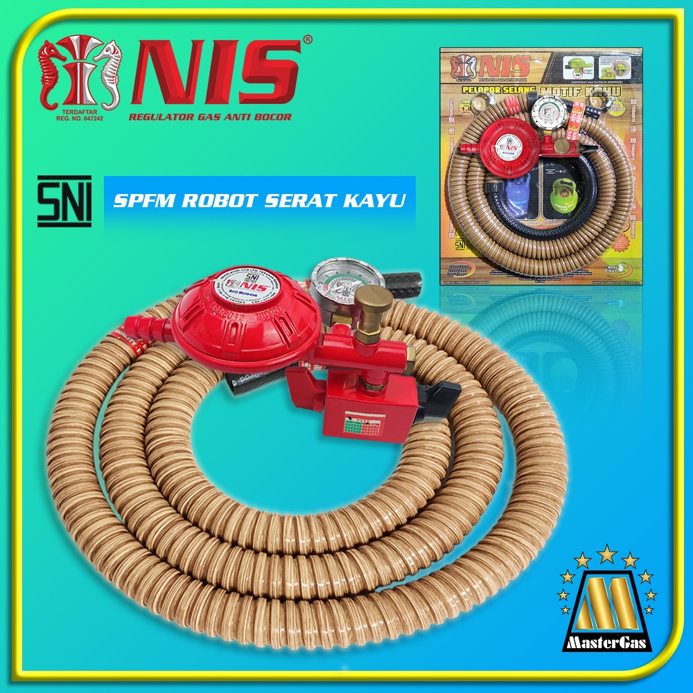 SELANG GAS NIS PAKET FLEKSIBEL SERAT KAYU + REGULATOR GAS METER ROBOT DUA PEGUNCI KHT+M NI 0307 S