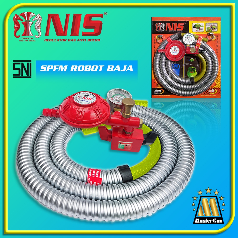 SELANG GAS NIS PAKET FLEKSIBEL BAJA + REGULATOR GAS METER ROBOT DUA PENGUNCI KHT+M NI 0307 S