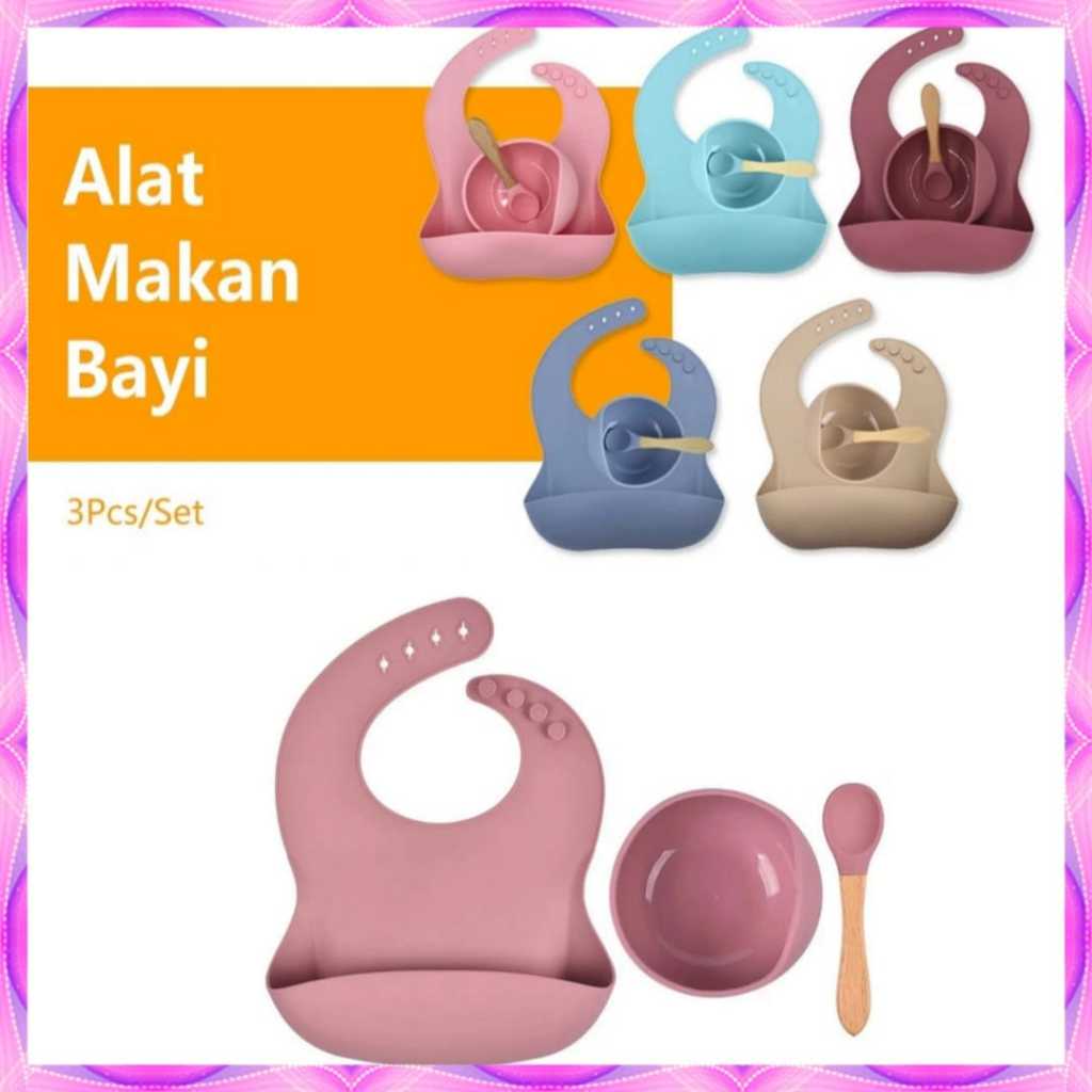 Peralatan Makan Bayi Set 3 in 1 Silikon Food Grade Tambahan Mangkok Sendok Mpasi Lengkap Perlengkapan Piring Bib Slabber Warna Anti Pecah - Slip Hindari Fouling Mangkuk Tempat Makanan Anak Baby Aman Suction Bowl Tahan Air BPA Free