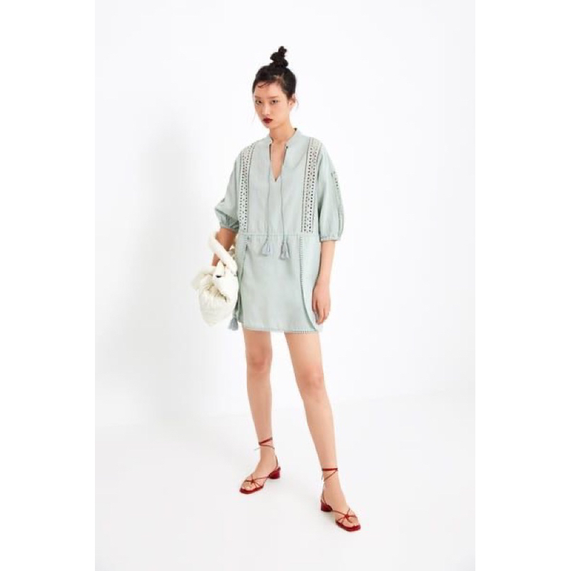 Zara Sage Green Rustic Linen Mix Tunic Dress with Pompom