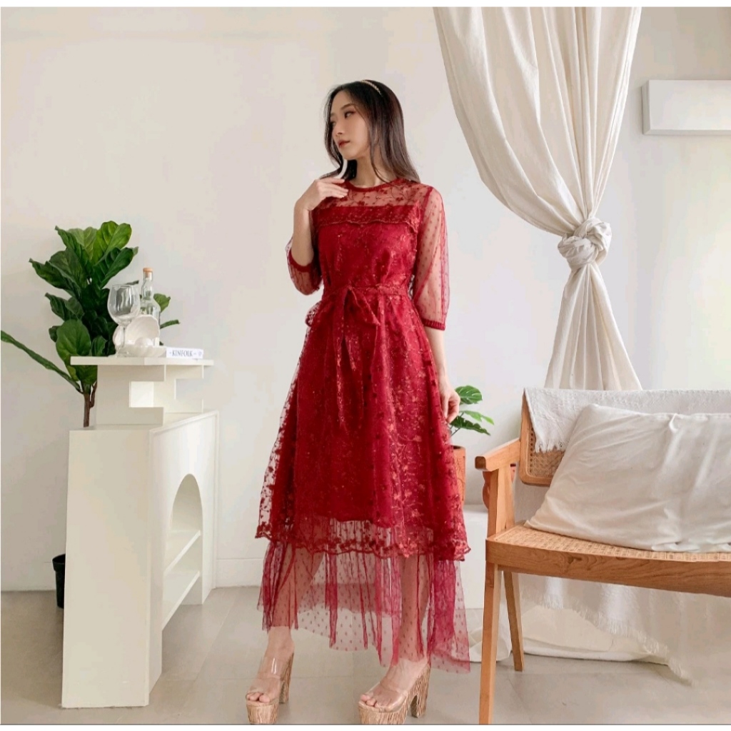 Baju Dress Pesta Natal Wanita Remaja Korea Adem Mewah Elegan Tranding Modern Viral Model Terbaru 202