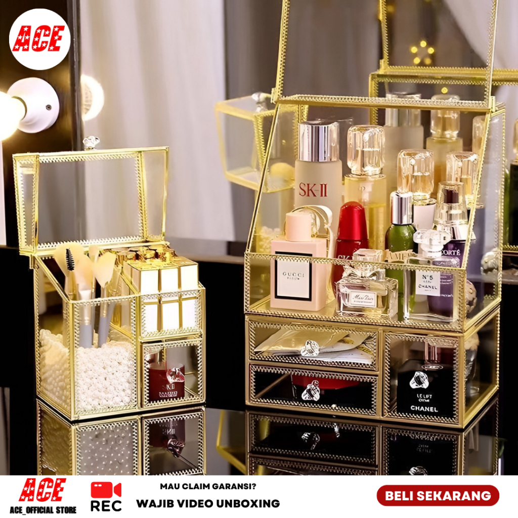 Rak Kosmetik set 3 in 1 kaca dan metal Lemari Kosmetik Kaca Kosmetik Tempat Skincare Tempat Makeup