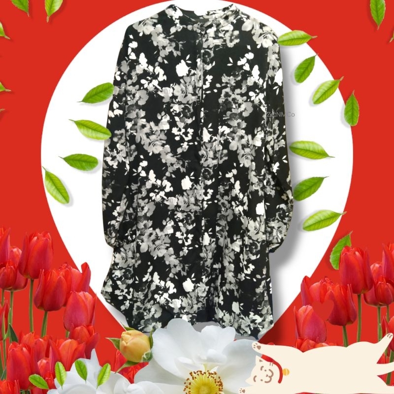 [ZetNM] Tunik BLouse MotiF Bunga Hitam | Bunga Putih