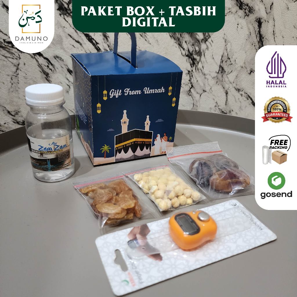 

Paket Oleh Oleh Haji dan Umroh Tasbih Digital Air Zamzam ori + Kurma Kismis Kacang Arab