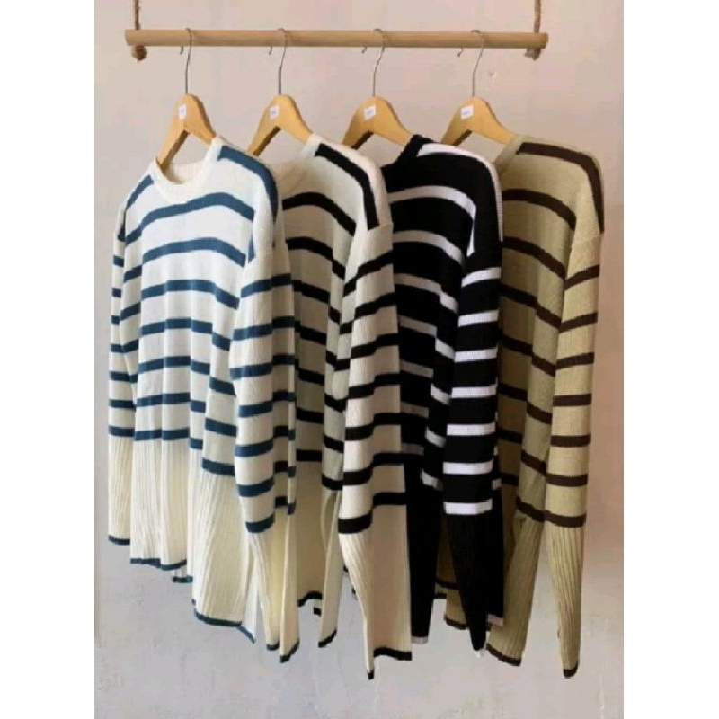Sweater Rajut jumbo Haru Knit stripe Baju Atasan Wanita L XL XXL rinjani