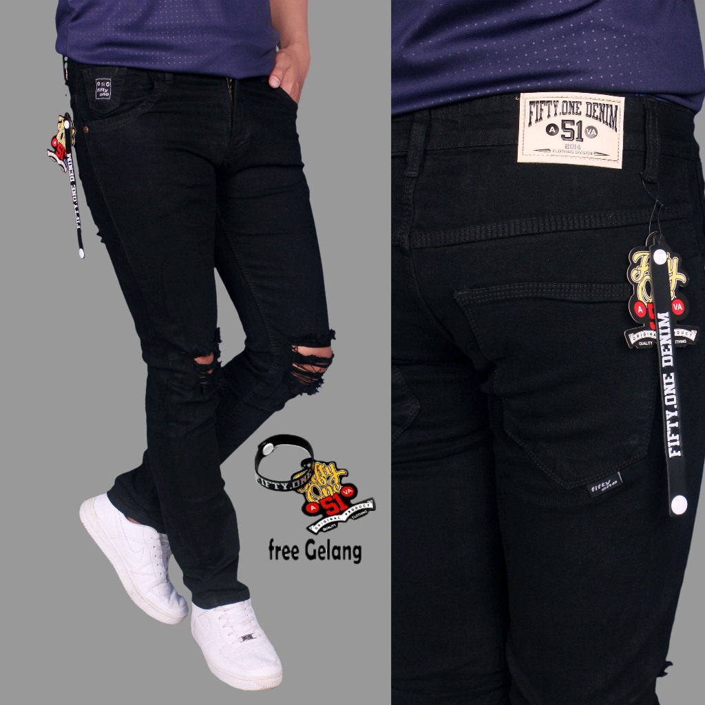CELANA PANJANG JEANS PRIA fifty one/fifteen denim SOBEK LUTUT RIPPED SOFT JEANS PENSIL SLIMFIT SKINN