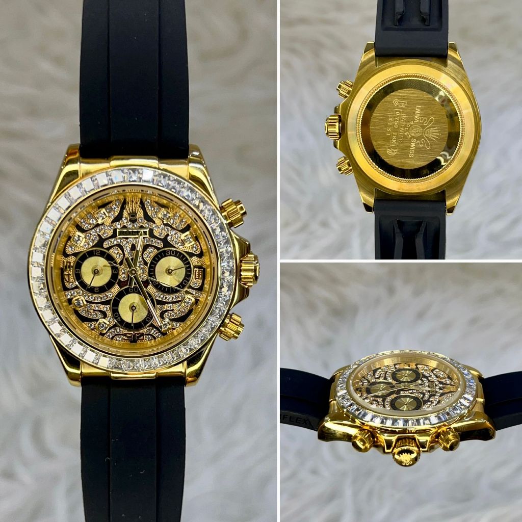 KERATON JAM TANGAN PRIA ROLEX DAYTONA EYE OF THE TIGER YELLOW GOLD AUTOMATIC JAPAN MOVEMENT DIAMETER