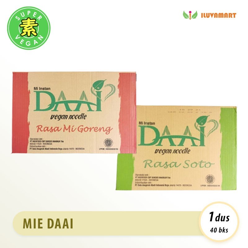 

DAAI Soto / Mi Goreng /DUS 40 bks per karton Mie Instant Vegan [GROSIR