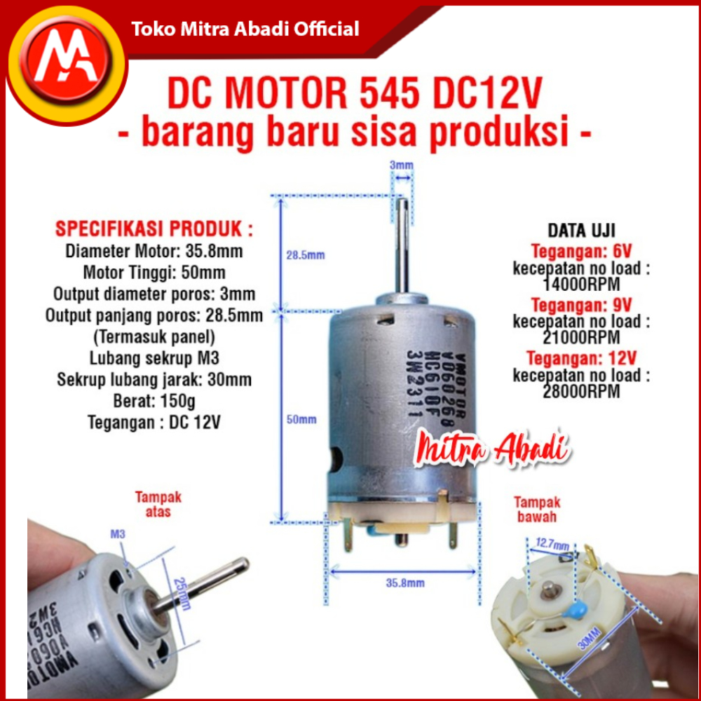 DC Motor Dinamo Fan 545 DC 12V Axis As 3mm As Panjang