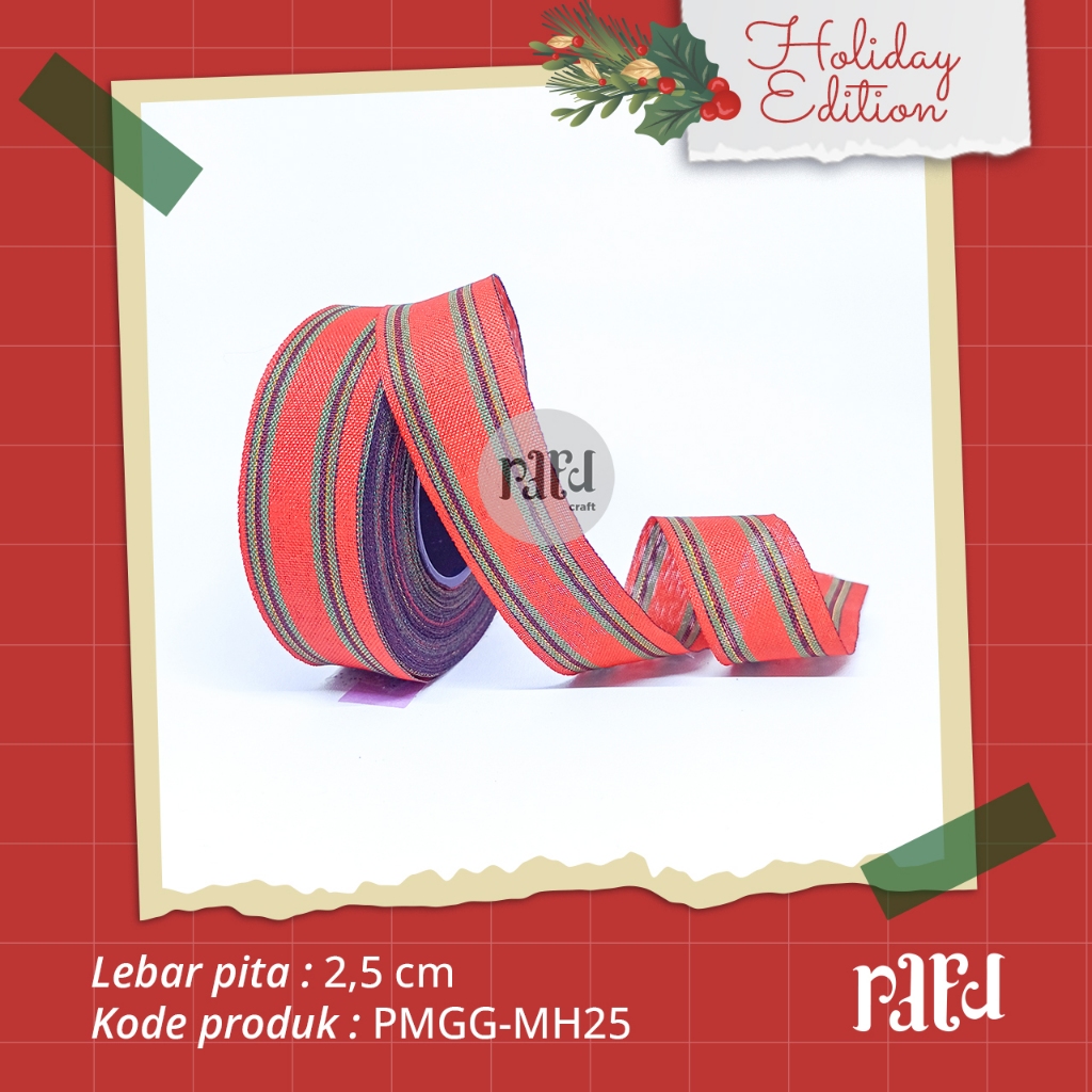 

RC-Pita Natal|Pita Motif Garis-Garis|Pita Kado/Hampers|PER 1 YARD (90cm)|Lebar 2,5 CM|Merah Hijau