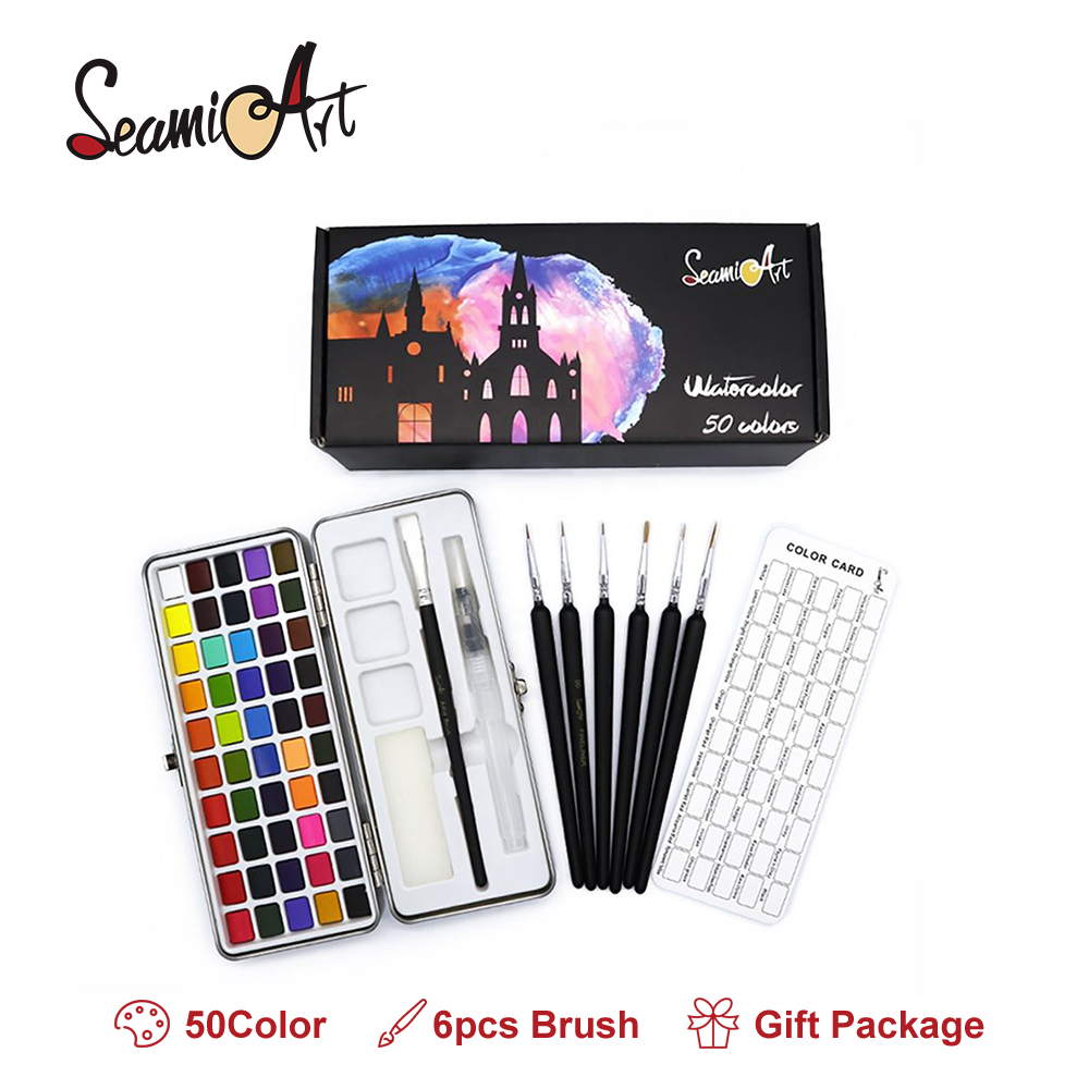

SeamiArt 50color Solid Watercolor Paint Gift Set with 6pcs Paint Brush Cat Air Padat Warna Terang Dengan Kuas Air Otomatis